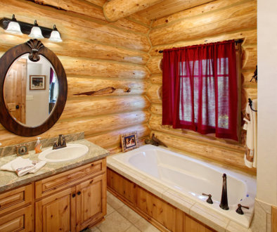 bathroom in a rustic log cabin