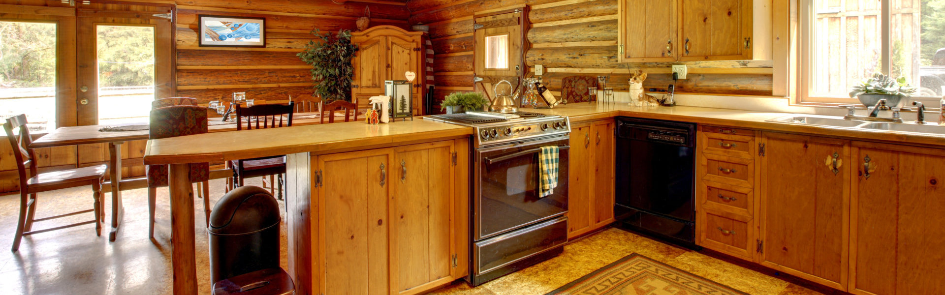 Wood cabin rustic kitchen interior.